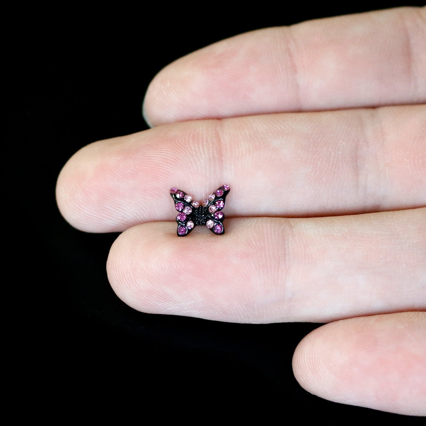 20G 1/4 Pink Gem Midnight Black Butterfly Nose Bone