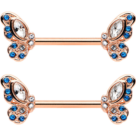 14G 9/16 Clear Blue Gem Rosy Tone Butterfly Wing Nipple Ring Set