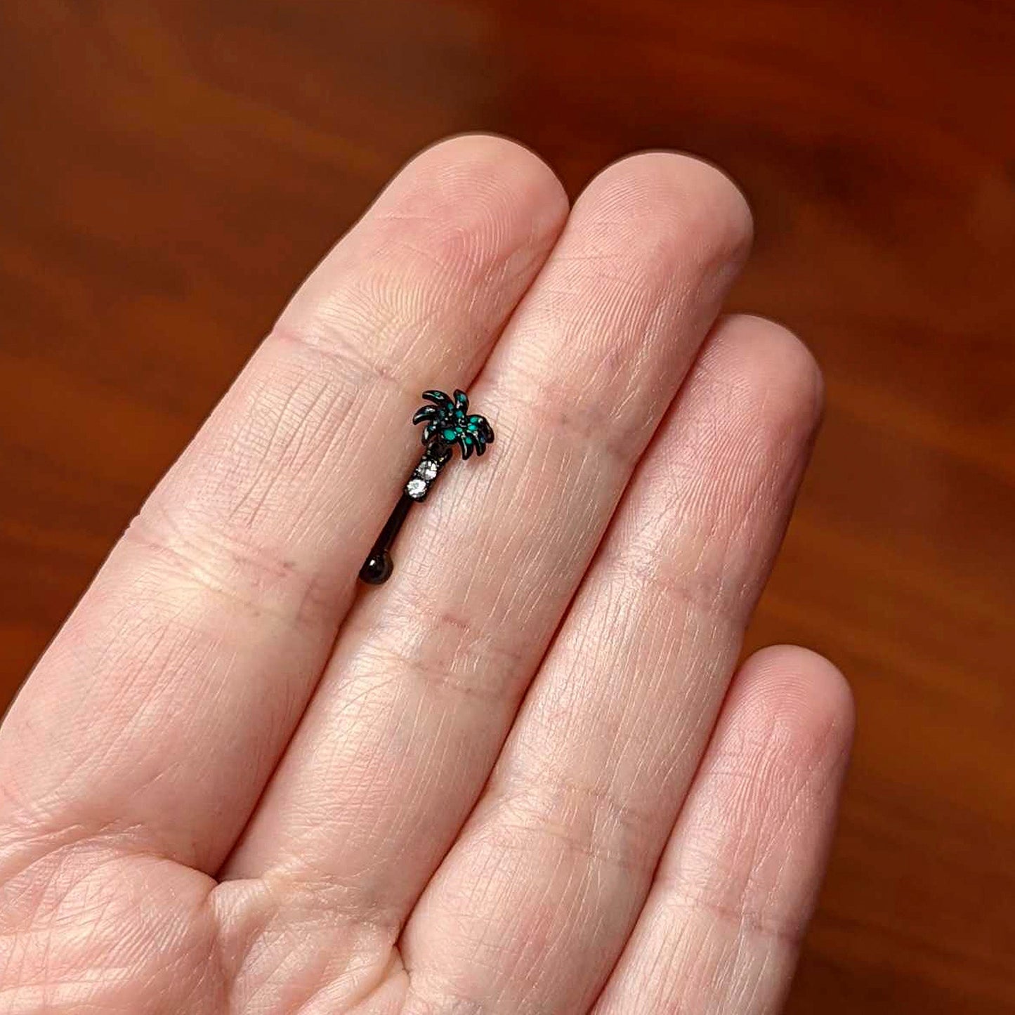 16G 5/16 Black Night Palm Tree Dangle Curved Eyebrow Ring