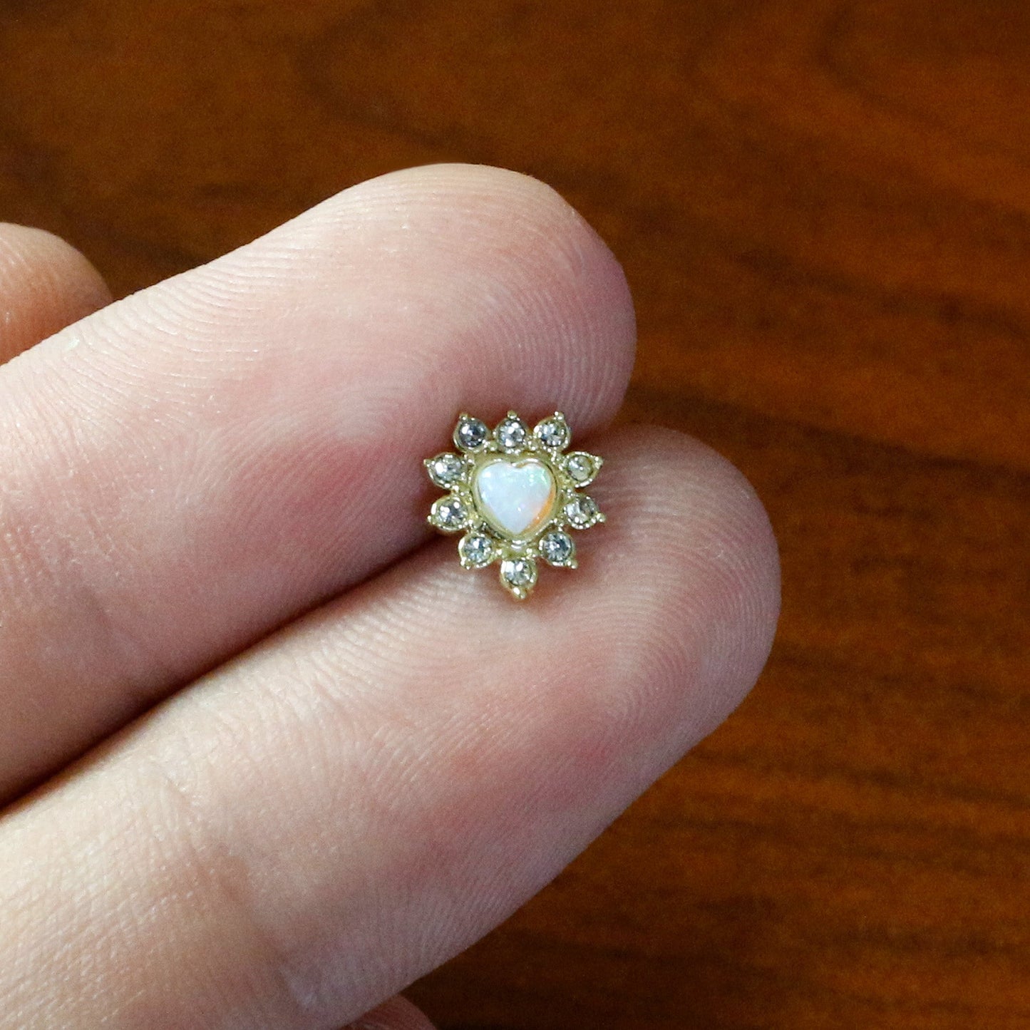 16G 5/16 White Faux Opal Gold Tone Sun Heart Labret Monroe Tragus