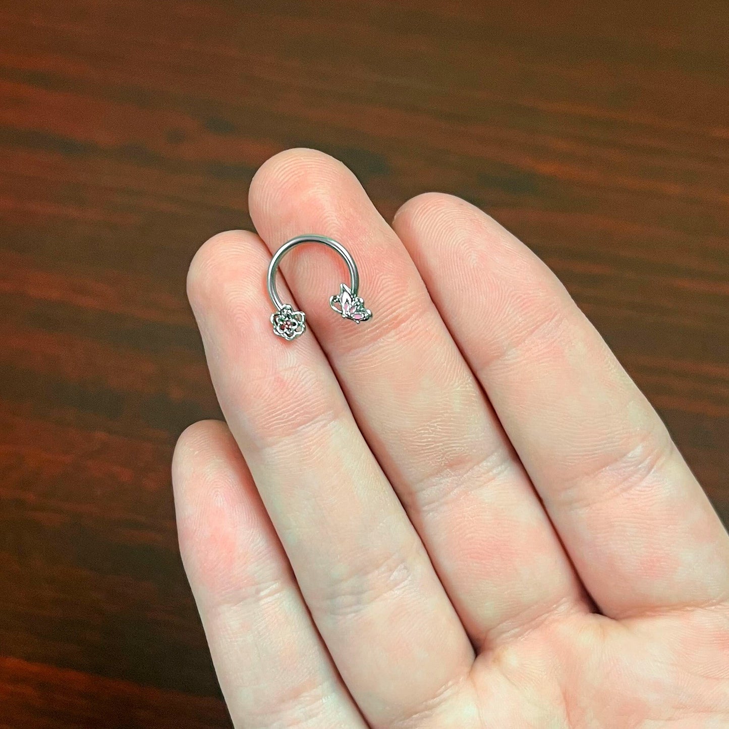 16G 3/8 Pink Butterfly Pink Gem Flower Horseshoe Circular Barbell