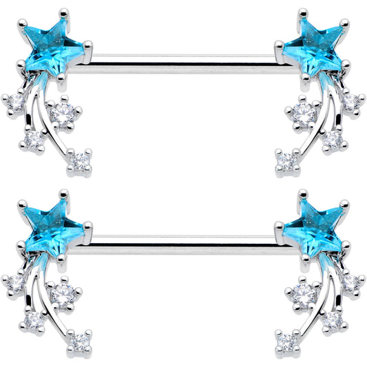 14G 9/16 Blue Clear CZ Gem Shooting Star Barbell Nipple Ring Set