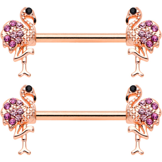 14G 9/16 Pink Gem Rose Gold Hue Fashion Flamingo Nipple Ring Set