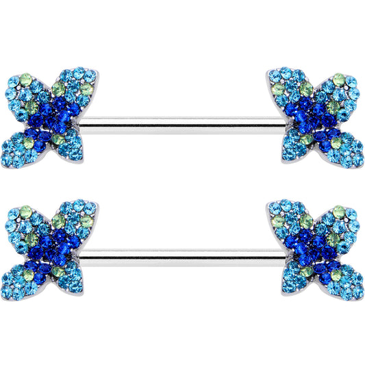 14G 9/16 Blue Gem Glamour Butterfly Barbell Nipple Ring Set