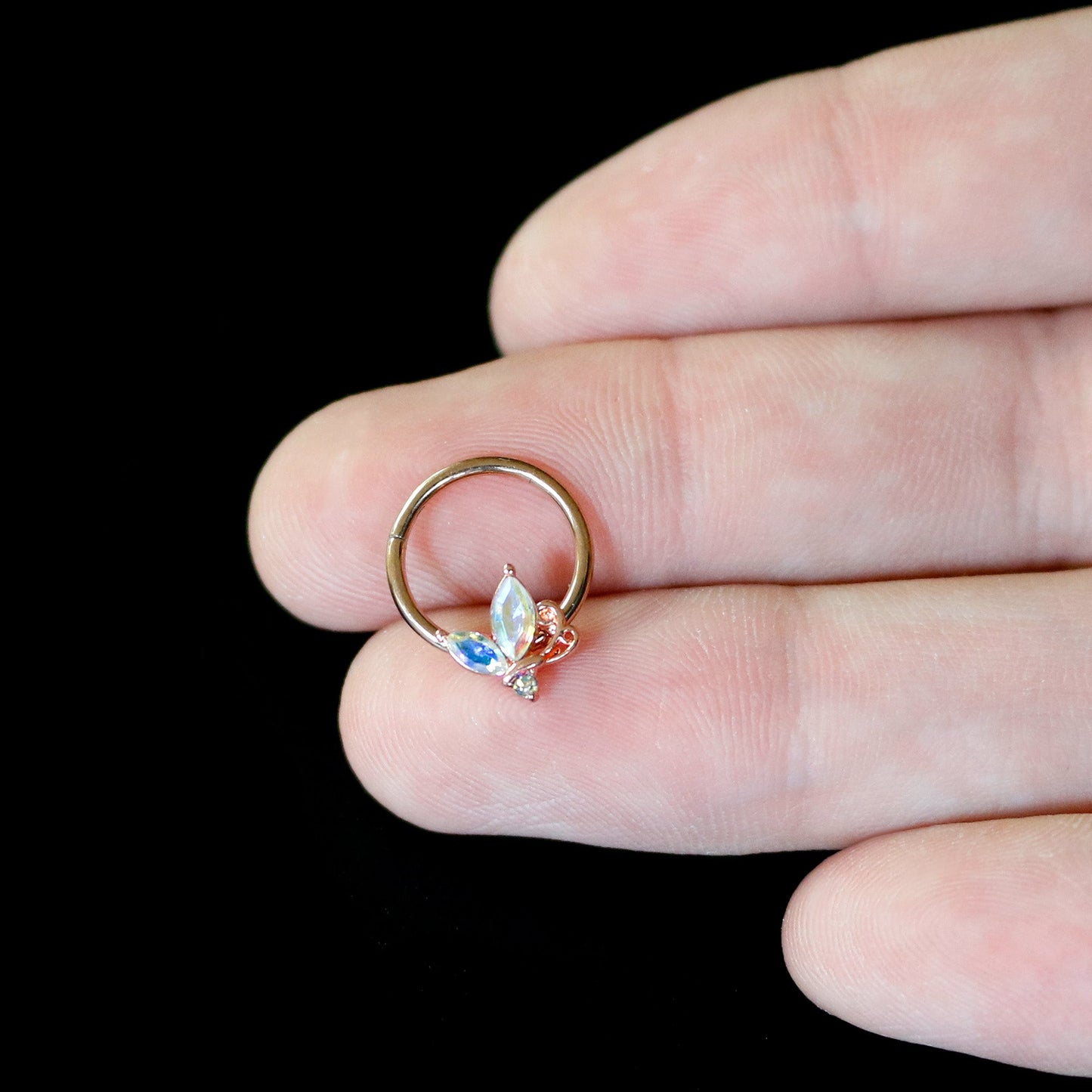 16G 3/8 Aurora CZ Gem Rosy Tone Fleur de Lis Butterfly Hinged Segment Ring