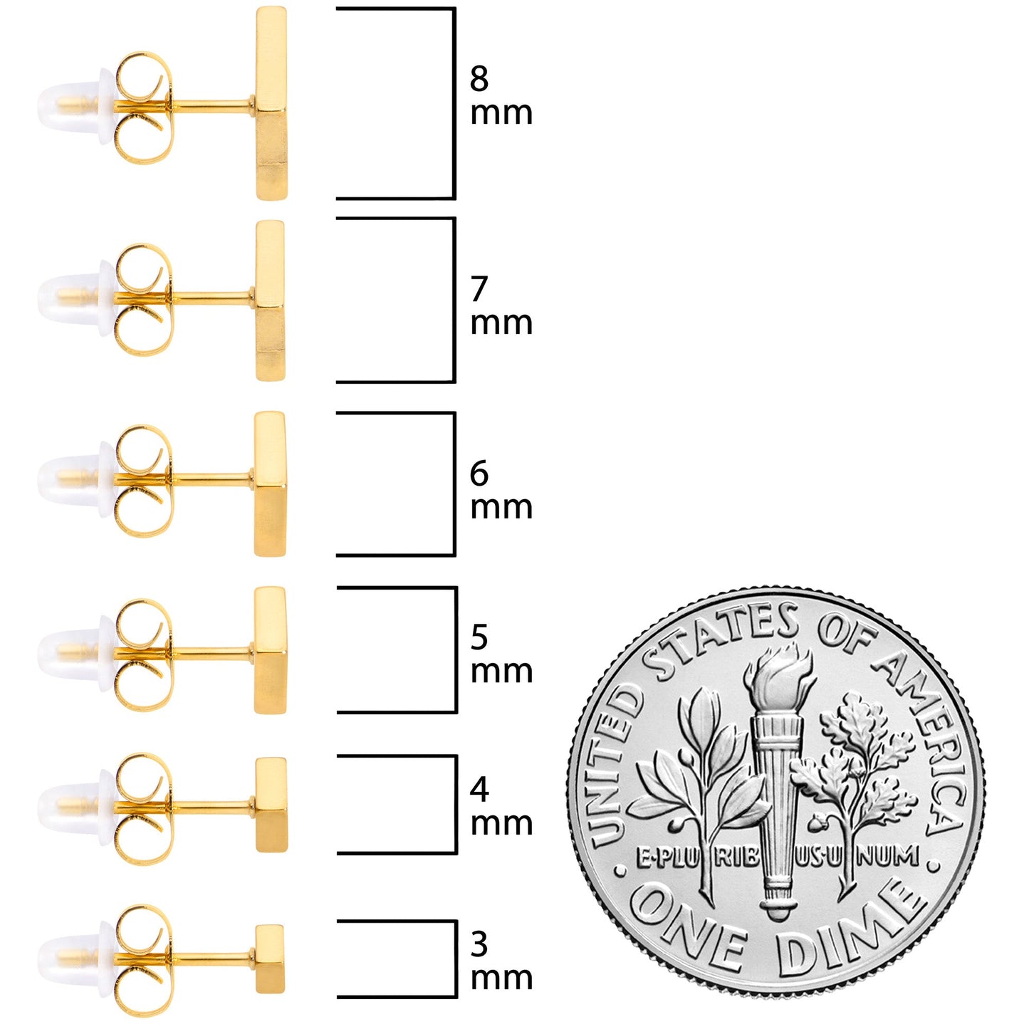 3mm-8mm Square Stud Gold Tone 316L Stainless Steel Earrings 6 Pack
