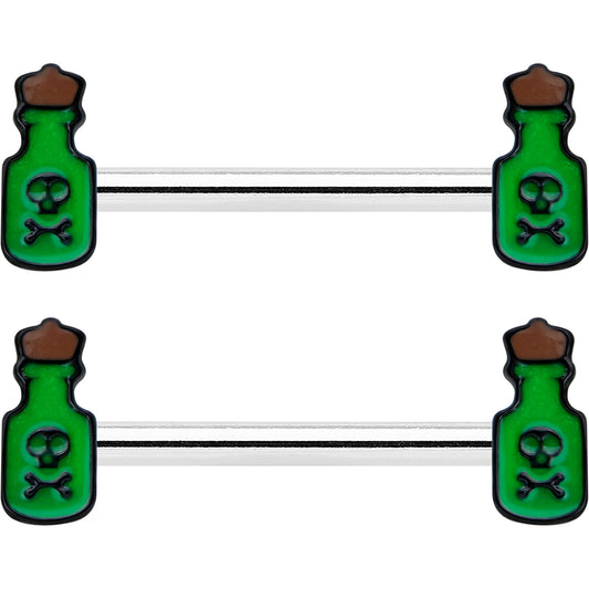 14G 9/16 Poison Green Bottle Glow in Dark Barbell Nipple Ring Set