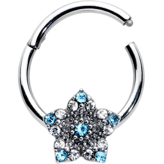 16G 3/8 Blue Clear Gem Opulent Flower Hinged Segment Ring