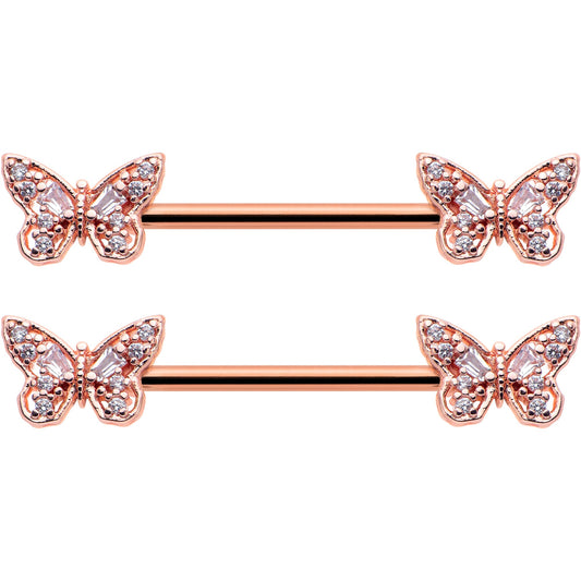 14G 9/16 Clear Gem Rosy Tone Baroque Butterfly Nipple Ring Set