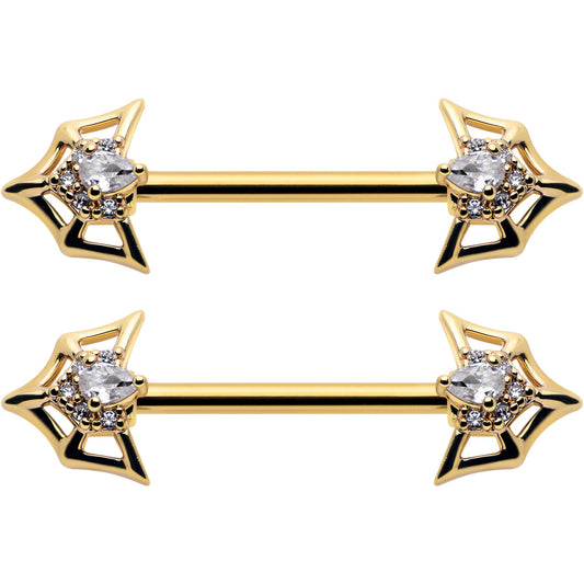 14G 5/8 Clear Gem Gold Tone Spider Bat Barbell Nipple Ring Set