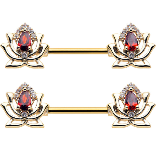 14G 9/16 Red Gem Gold Tone Royal Lotus Barbell Nipple Ring Set