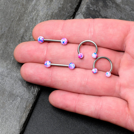 14G 9/16 1/2 Splatter Blue Pink Barbell Horseshoe Nipple Ring Set of 4