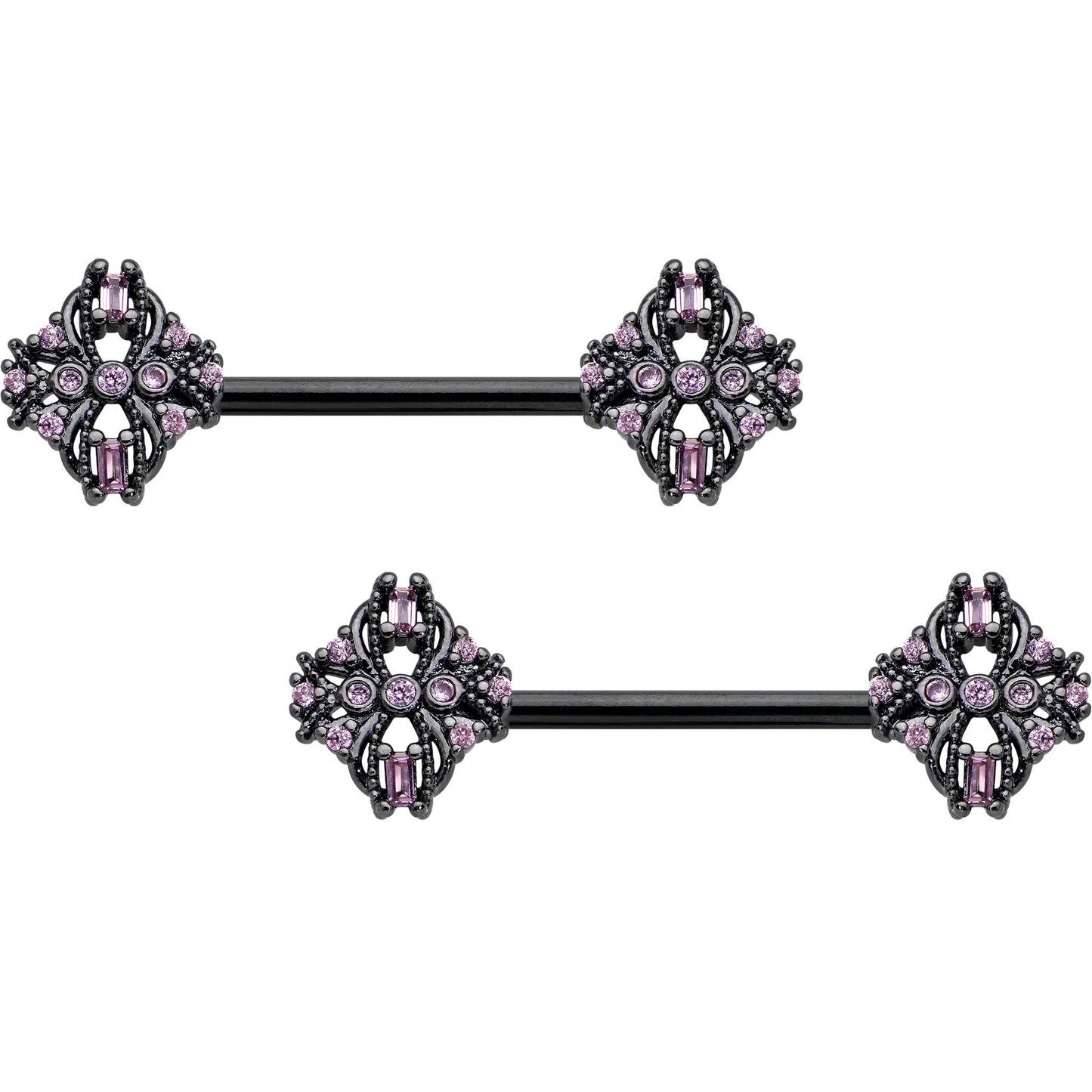 14G 9/16 Pink Gem Black Opulent Cross Barbell Nipple Ring Set