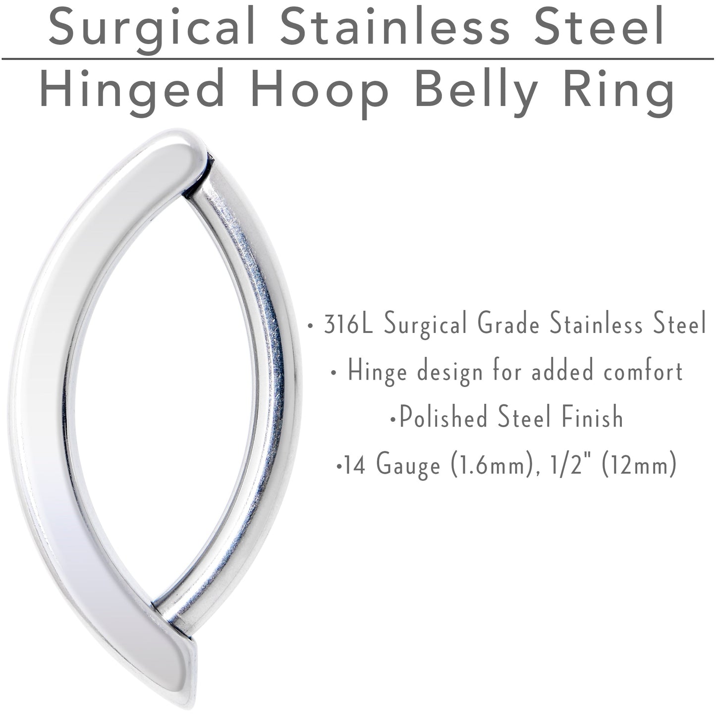 14G 1/2 316L Surgical Steel Smooth Style Hinged Hoop Belly Ring