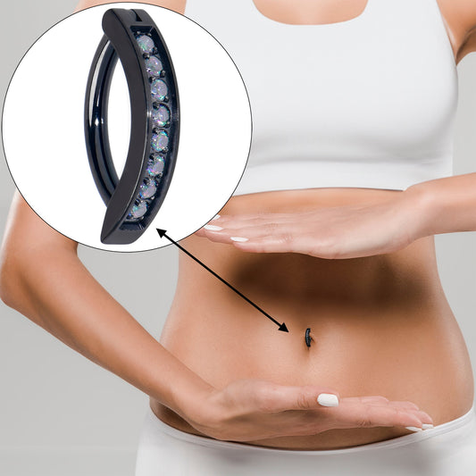 14G 3/8 Black Implant Grade Titanium CZ Paved Hinged Hoop Belly Ring