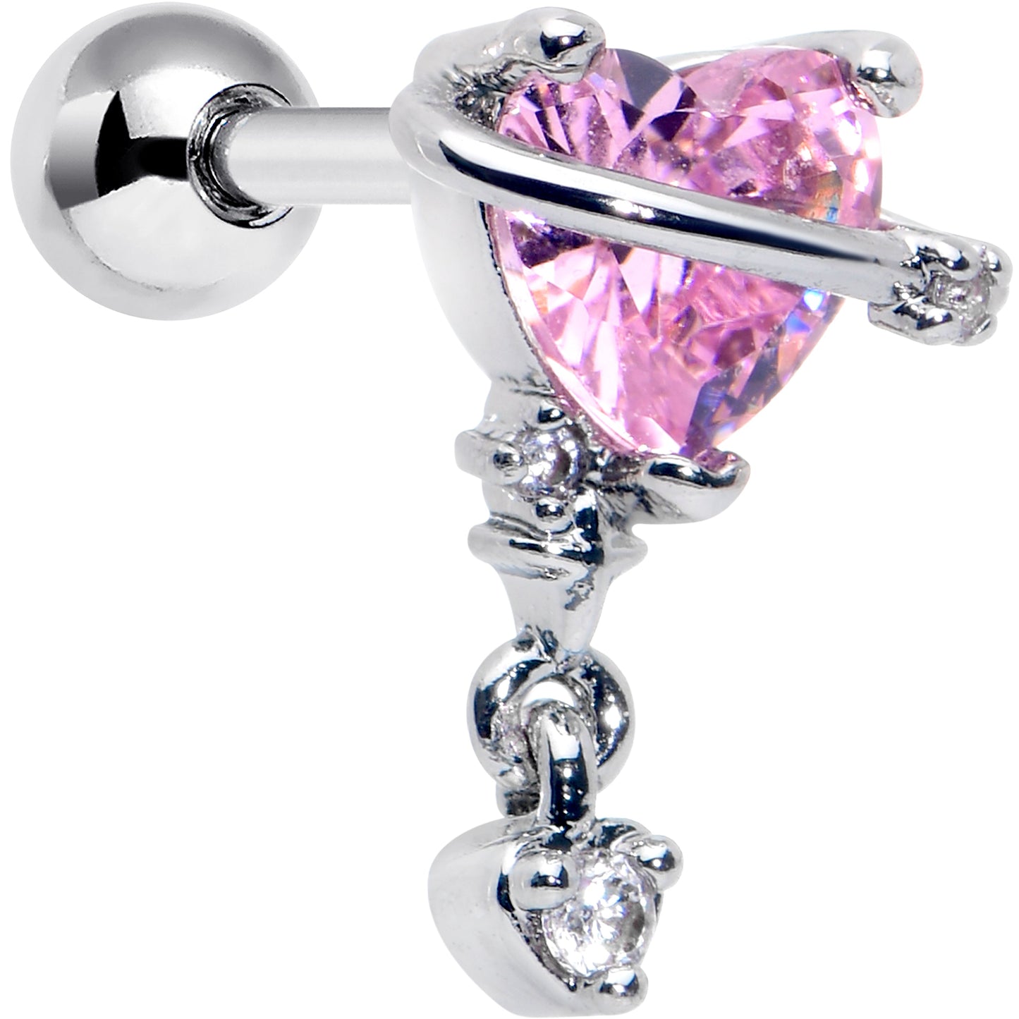 16G 1/4 Pink Clear Gem Saturn Heart Duo Cartilage Tragus Earring