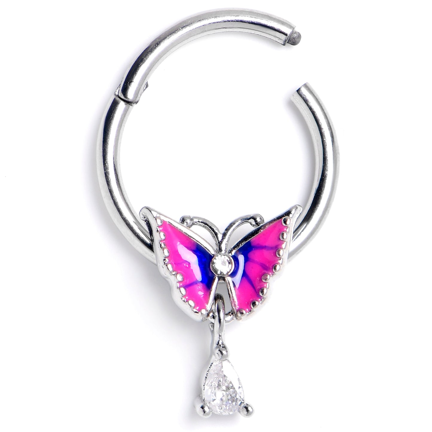 16G 3/8 Clear CZ Gem Butterfly Pink Blue Dangle Hinged Segment Ring