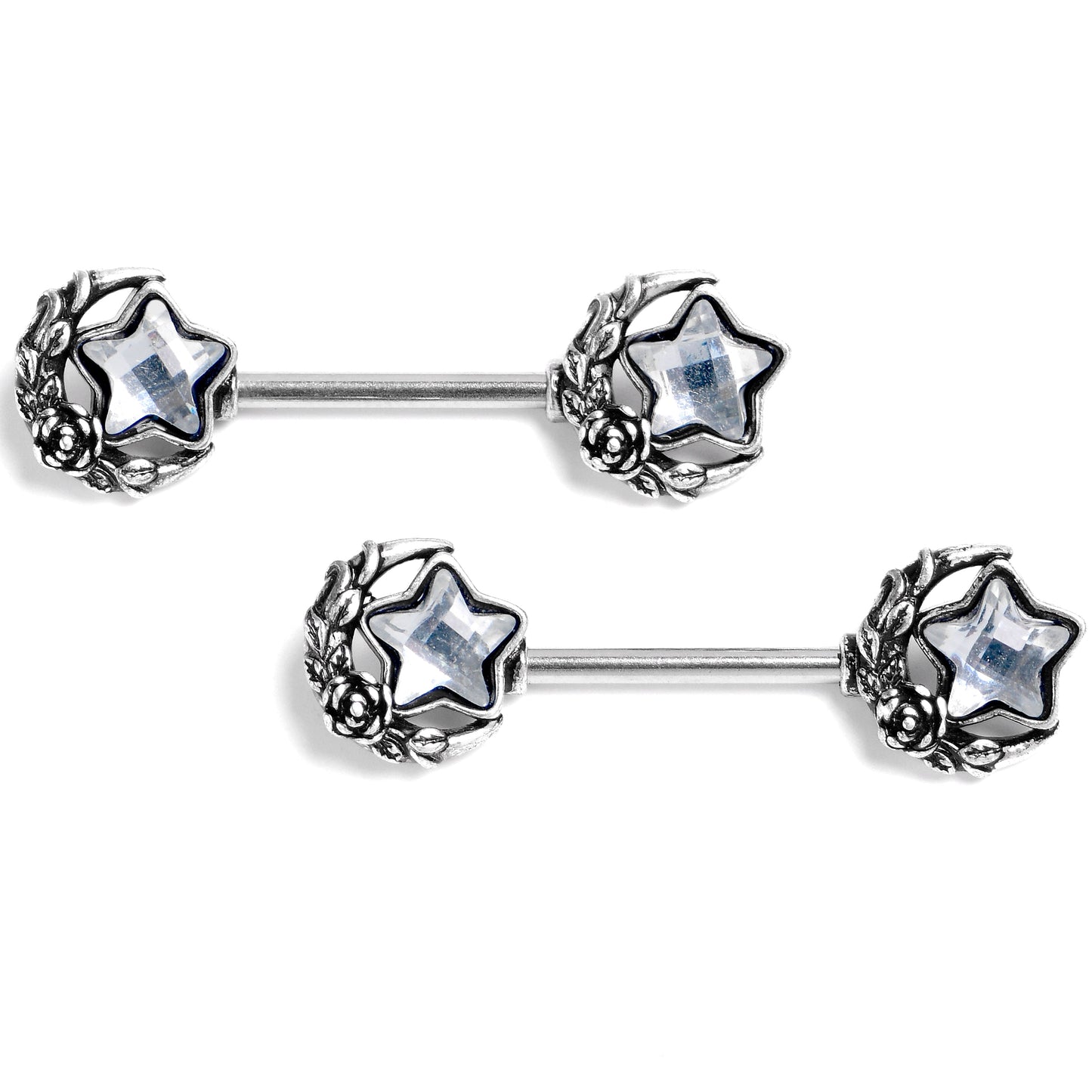 14G 9/16 Clear Gem Ornate Moon Star Barbell Nipple Ring Set