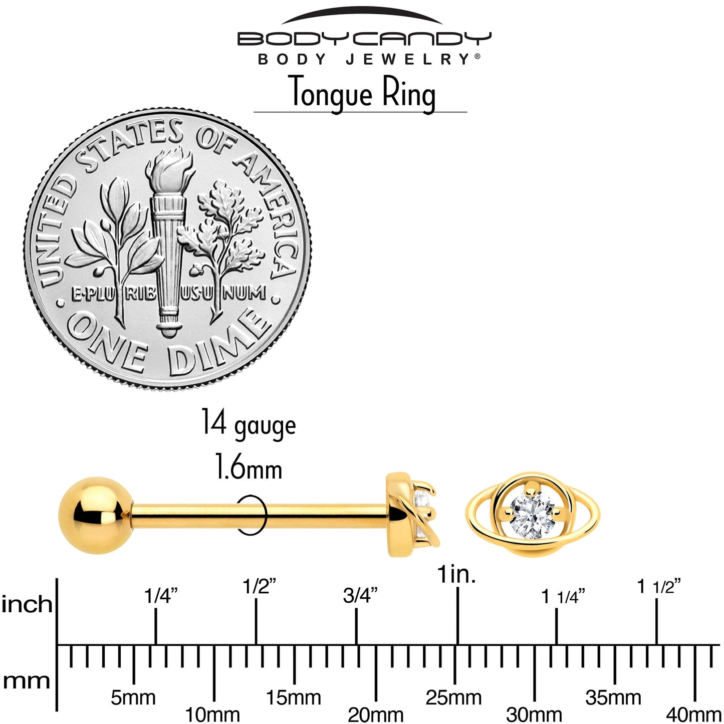 Clear CZ Gem Gold Tone Stylish Saturn Barbell Tongue Ring