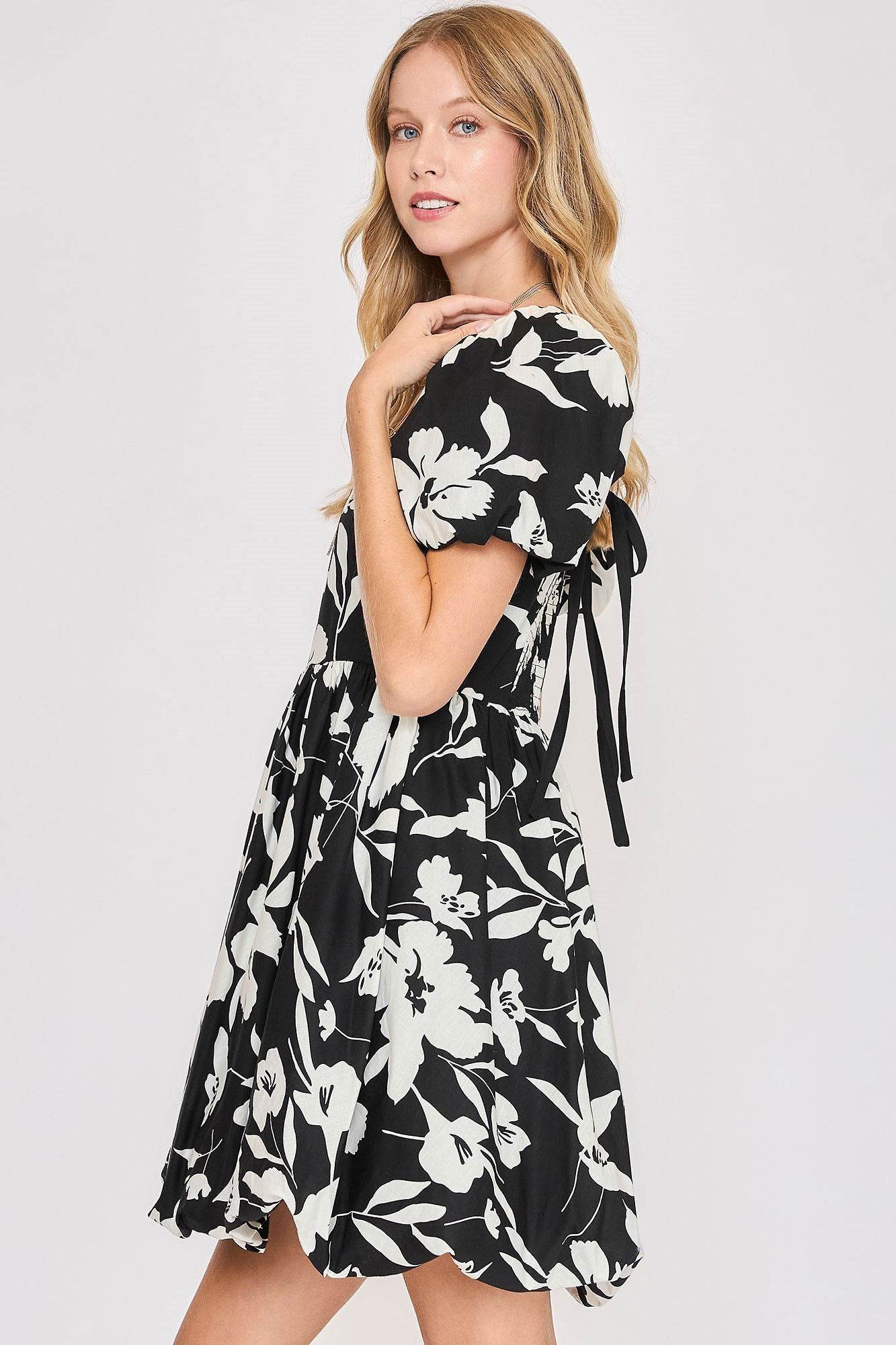 Umgee Full Size Two Tone Floral Print Babydoll Dress Plus Size