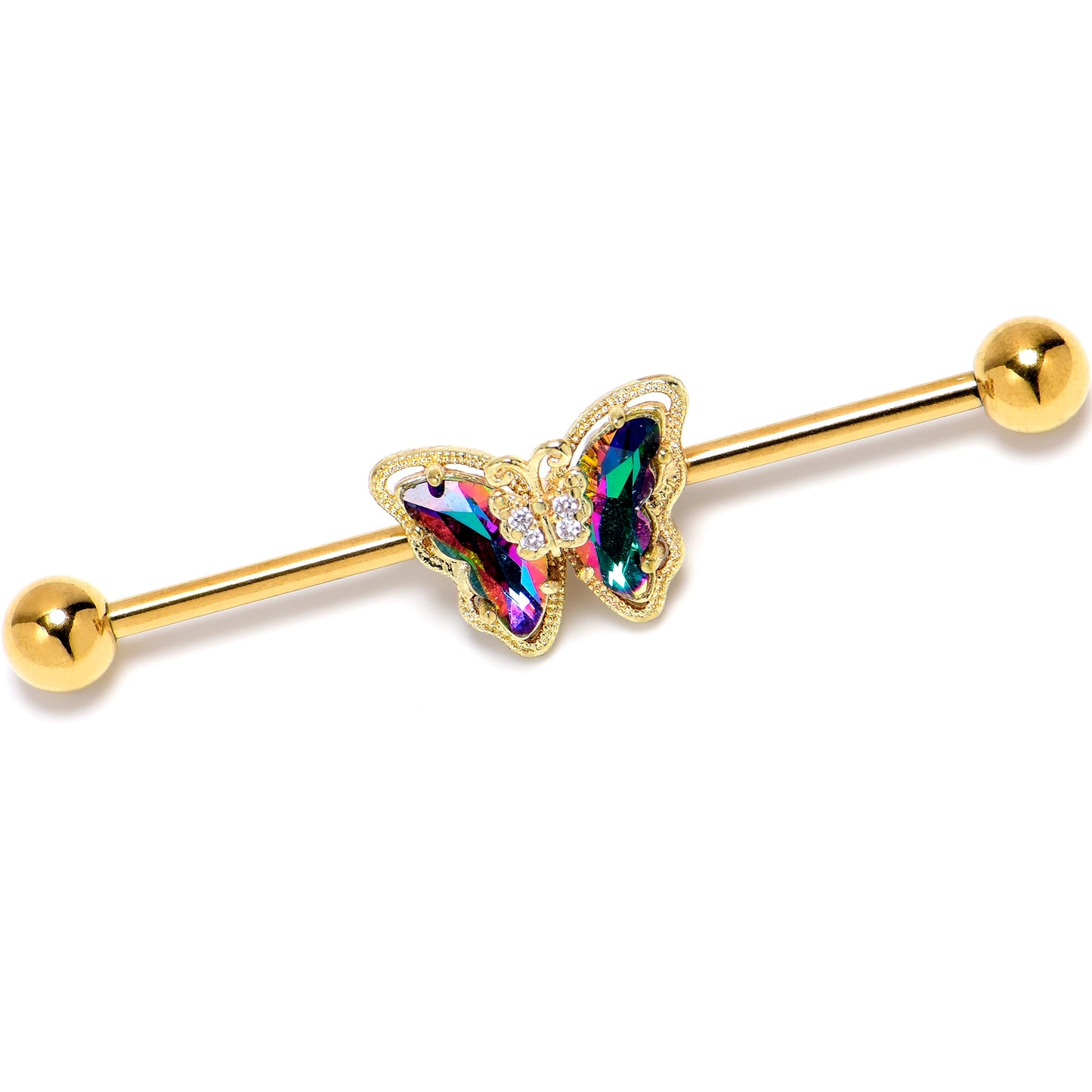 14G Vitrail Gem Gold Tone Classic Butterfly Industrial Barbell 38mm