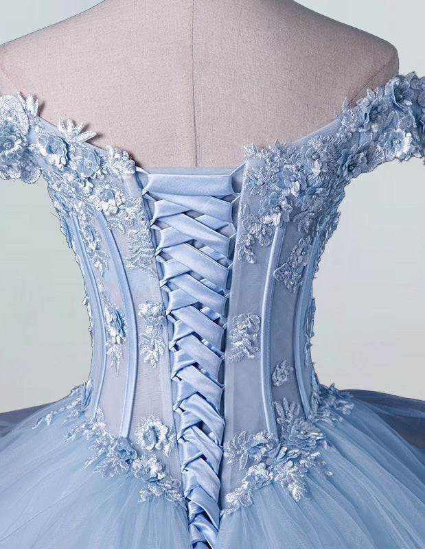 Blue off the shoulder lace applique layered a line tulle ball goen evening dress