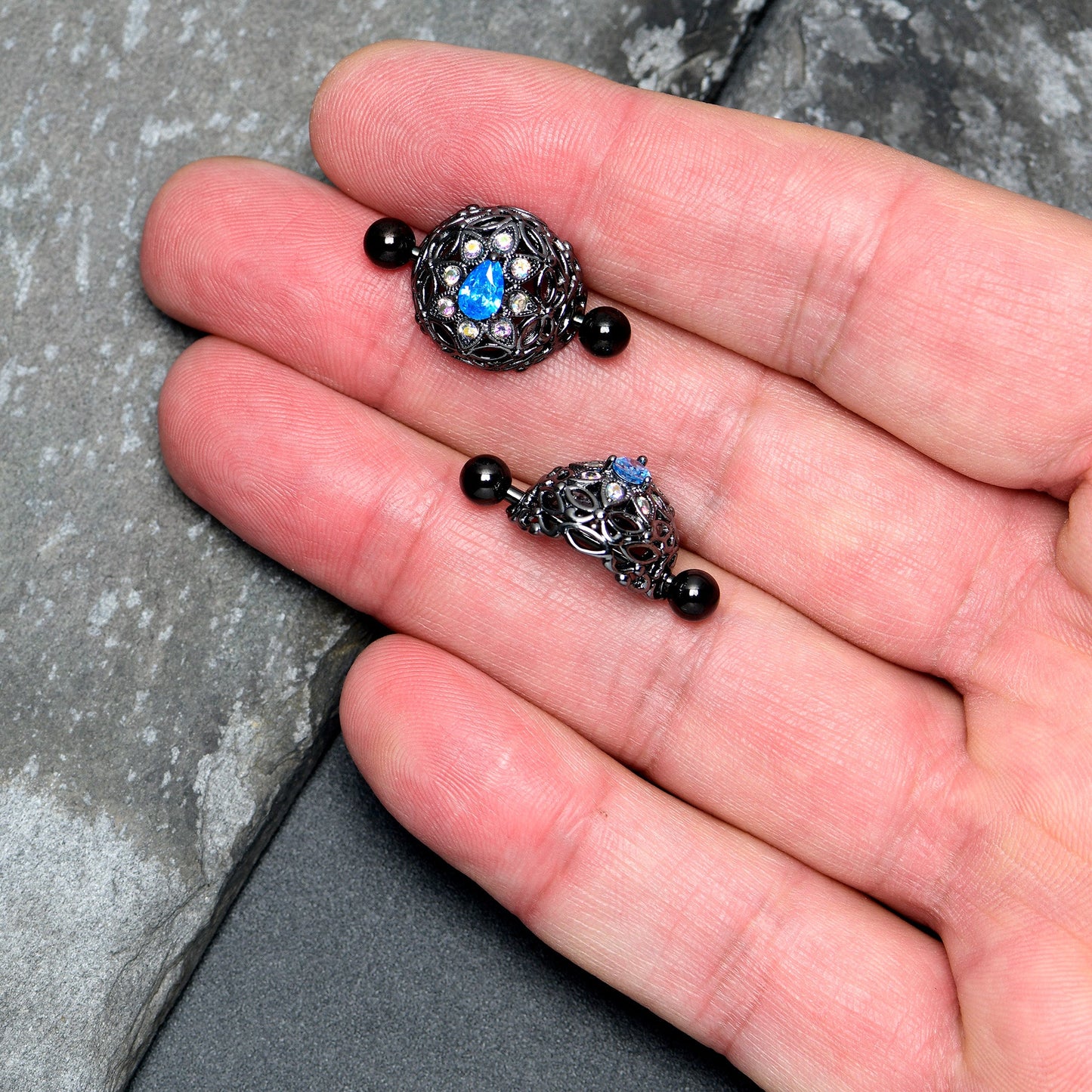 14G 9/16 Blue Aurora Gem Black Night Blossom Nipple Shield Set
