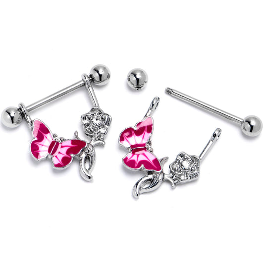 14G 9/16 Butterfly Pink Rose Flower Dangle Nipple Ring Set