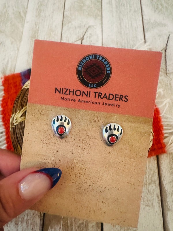 Navajo Coral & Sterling Silver Bear Paw Stud Earri
