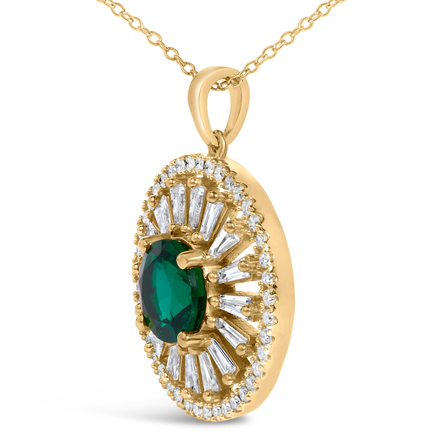 14K Yellow Gold Plated Sterling Silver Lab Grown Emerald and Diamond Sunburst Medallion Pendant Necklace