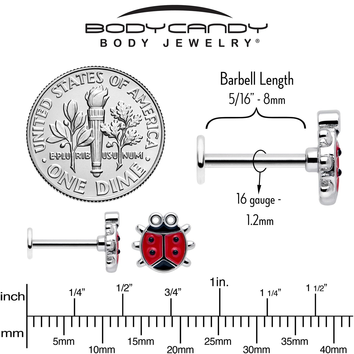 16G 5/16 Ladybug Hippie Flower Labret Monroe Tragus Set of 3