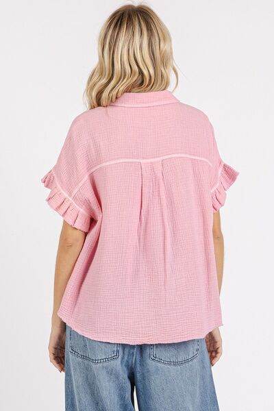 Mittoshop Mineral Washed Button Down Flounce Sleeve Shirt