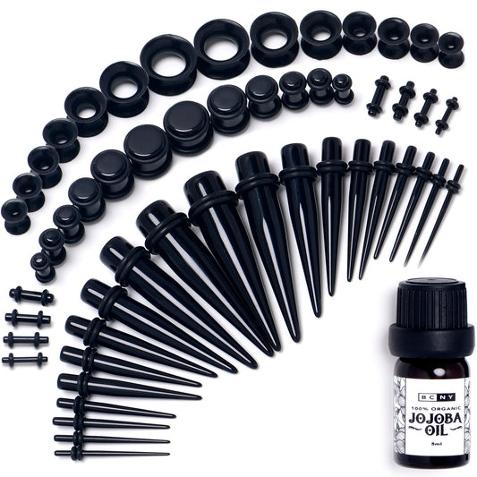 14G to 1/2 Black Acrylic 54 Piece Ear Stretching Kit with Jojoba Oil