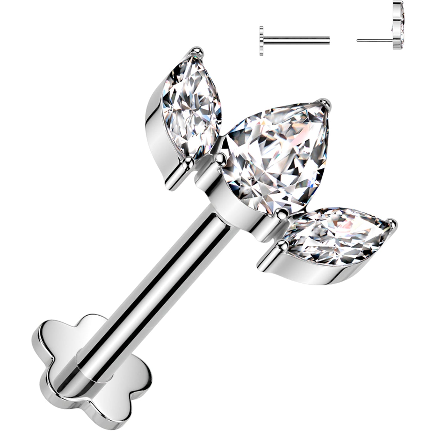 18G 5/16 Clear CZ Gem Oval Trio Medical Grade Titanium Reversible Flat Back Earring