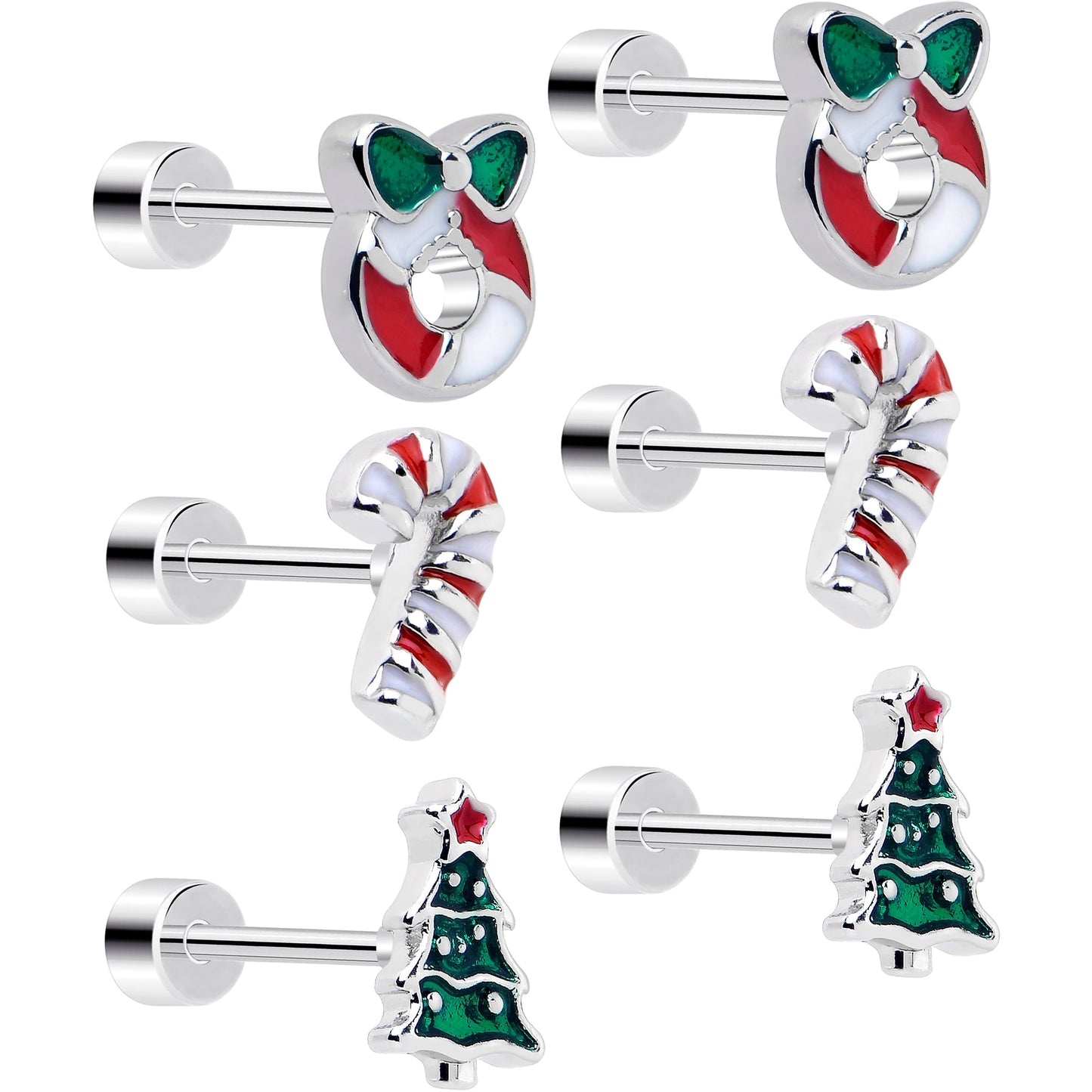 Christmas Flat Back Earrings - 3 Pairs Holiday Tree Ornament Candy Cane