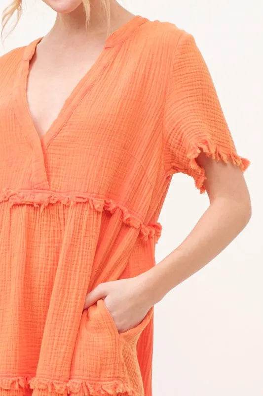 And The Why Washed Frayed Detail Tiered Dress