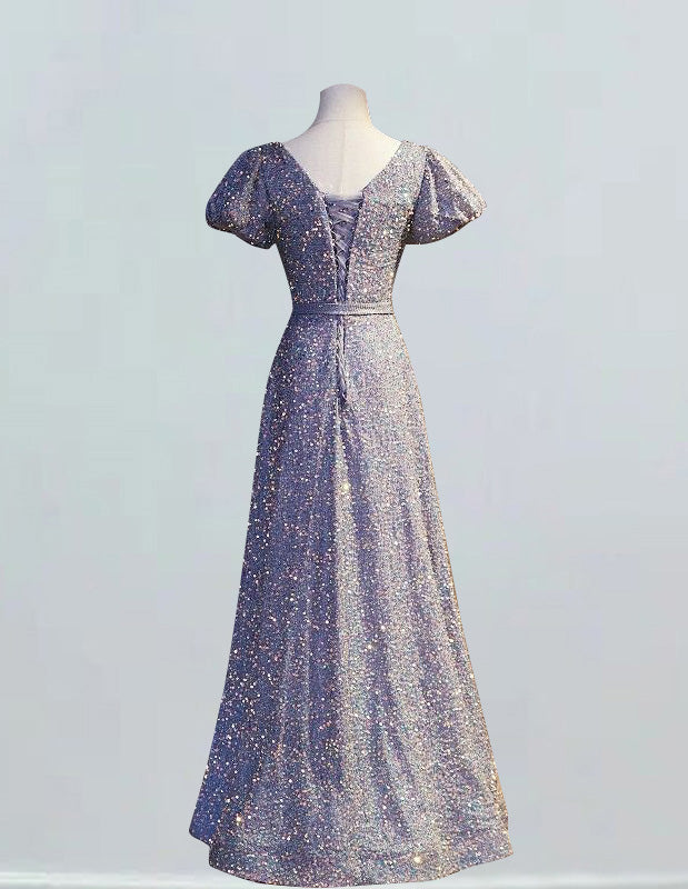 Women's Elegant Grey Sequin Prom Dress | Scoop Neck, Short Sleeve Evening Gown