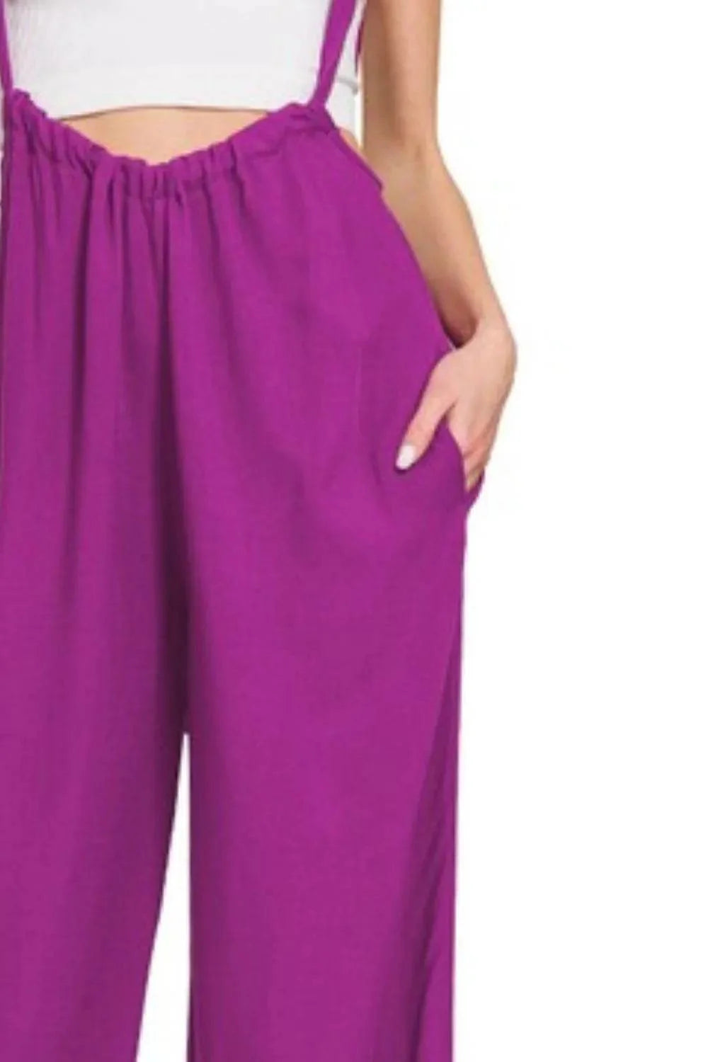 Zenana Woven Tie Back Suspender Jumpsuit