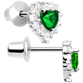 Sterling Silver Heart CZ May Birthstone Youth Screwback Earrings