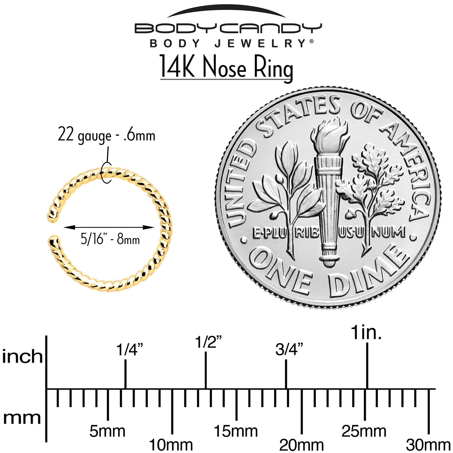 14k Yellow Gold Bendable Nose Hoop 20G 5/16 Twisted