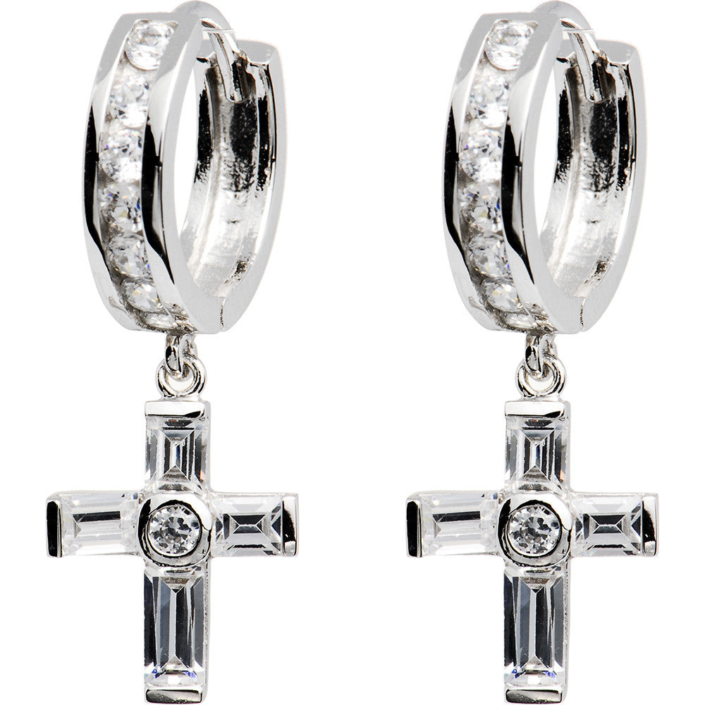 Sterling Silver Baguette CZ Cross Huggy Earrings