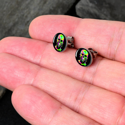 Ultra Bright Melting Skull Stud Earrings by Onyx O