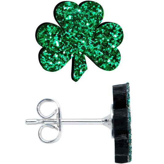 Stainless Steel Green Glitter Shamrock St Patricks Stud Earrings