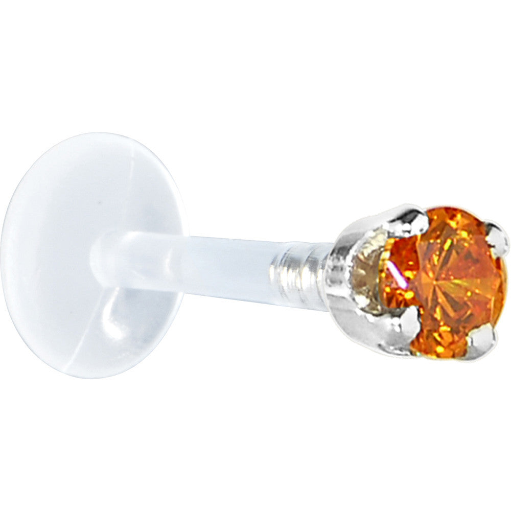 16G 5/16 Solid 14K White Gold 3mm Orange Cubic Zirconia Bioplast Tragus Earring Stud