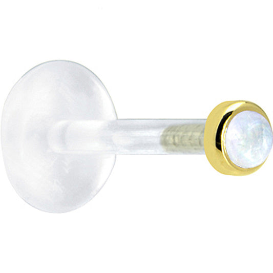 16G 1/4 Solid 14K Yellow Gold 2mm Genuine Rainbow Moonstone Bioplast Tragus Earring Stud