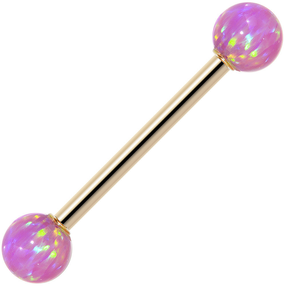 14k Yellow Gold 5mm Pink Synthetic Opal Barbell Tongue Ring 14G 5/8