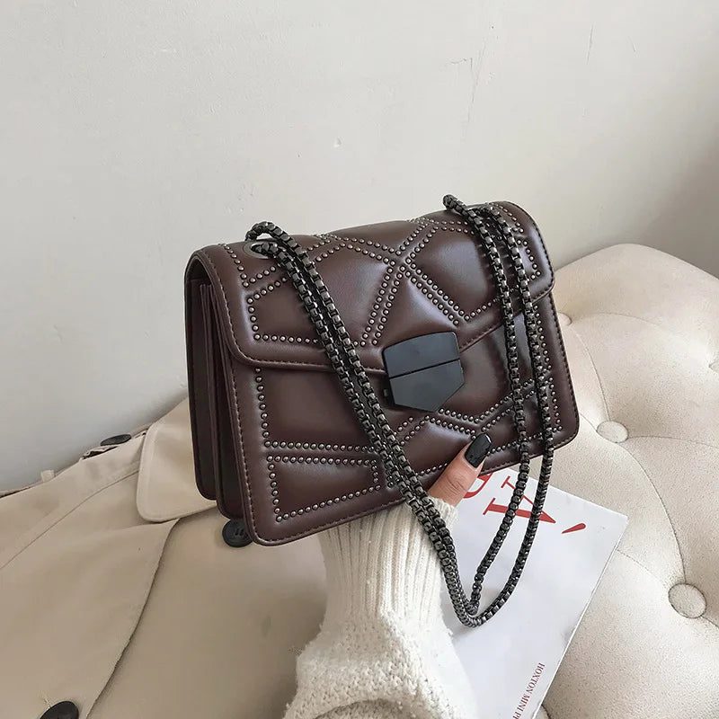 Rivet Chain Small Crossbody Bag for Women | 2022 Luxury Shoulder Messenger Bag (Trendy Lady Handbag with Flap Cover)