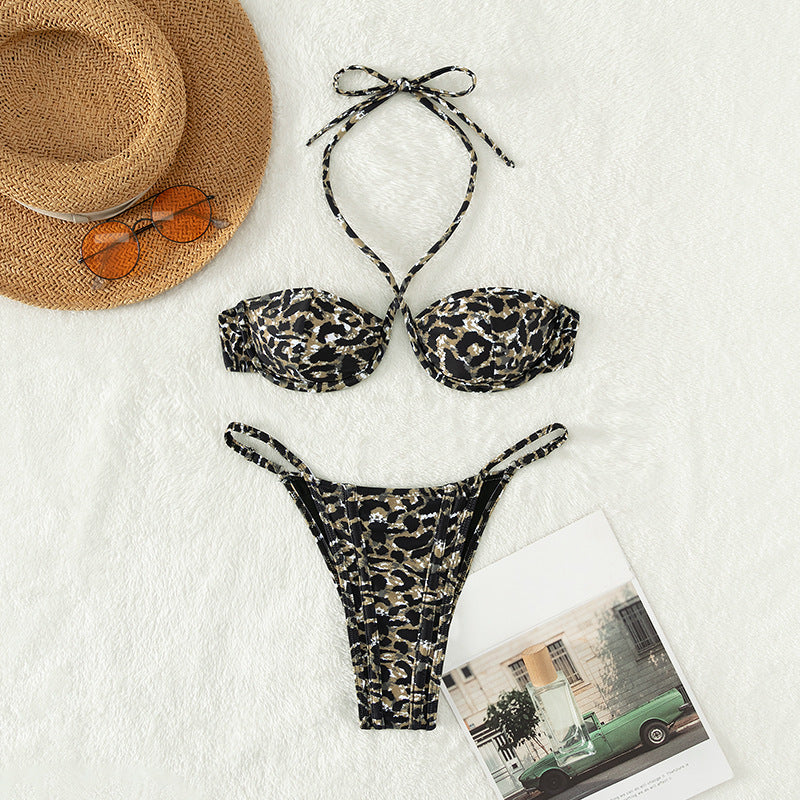 Leopard Print Lace up Swimsuit Steel Bracket Split Suit Sexy Bikini Swimsuit