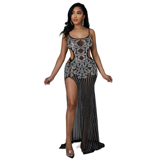 Party Nightclub High Slit Sexy See-through Strap Dress without Underwear Women