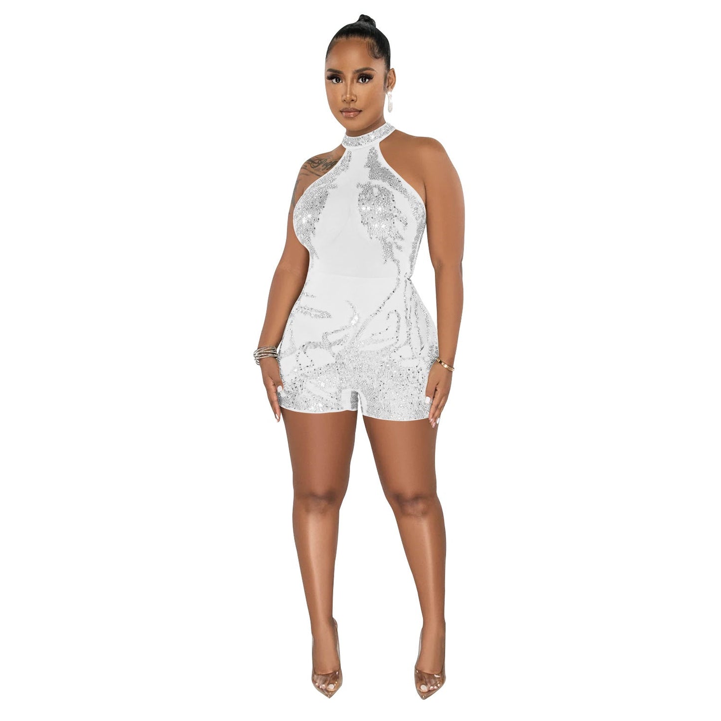 Women Wear Mesh See through Rhinestone Sleeveless Shorts Jumpsuit